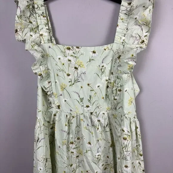 H&M Wildflower Meadow open back Poplin Light Green Floral midi Dress - Picture 5 of 12